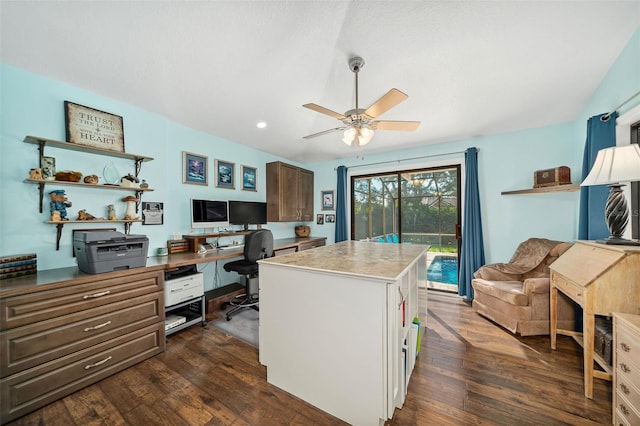 office area with dark hardwood / wood-style flooring and ceiling fan