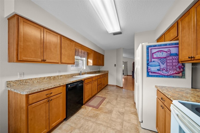 kitchen featuring dishwasher, sink, light stone countertops, white electric stove, and a textured ceiling