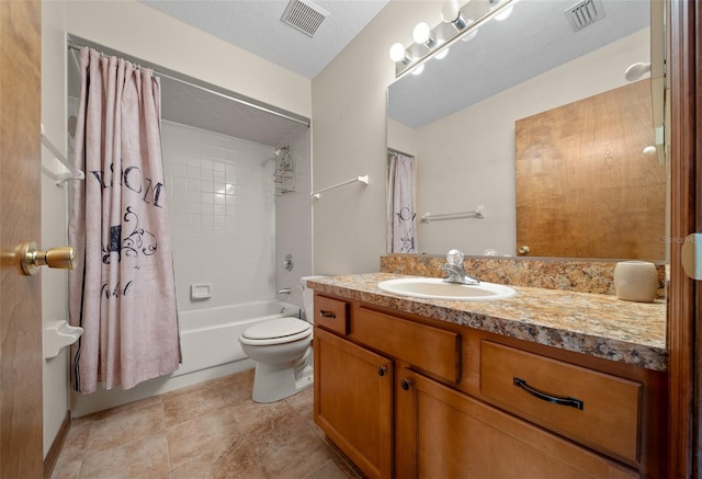 full bathroom with a textured ceiling, toilet, vanity, and shower / tub combo with curtain