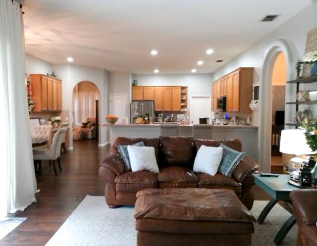 living room featuring dark wood-type flooring