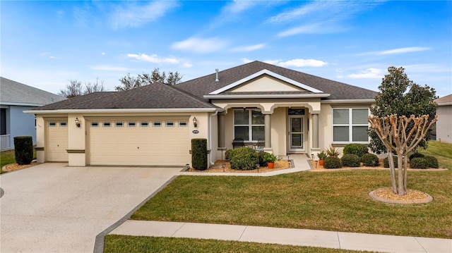 ranch-style home featuring a garage and a front lawn