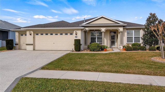 ranch-style house with a garage and a front yard