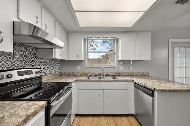 kitchen featuring light hardwood / wood-style floors, appliances with stainless steel finishes, white cabinetry, sink, and kitchen peninsula