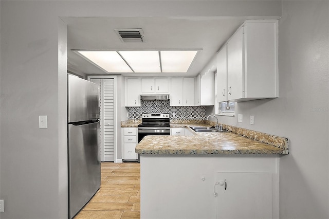 kitchen with kitchen peninsula, appliances with stainless steel finishes, sink, white cabinets, and decorative backsplash