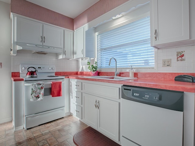 kitchen with white cabinetry, sink, dishwasher, and white electric range oven