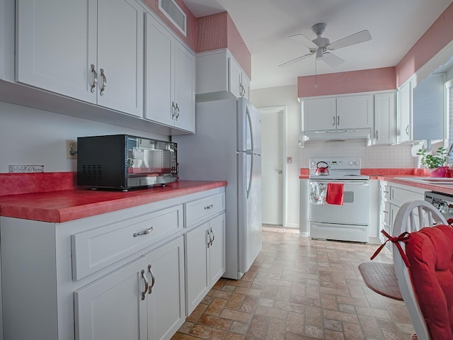 kitchen featuring white cabinetry, white appliances, tasteful backsplash, and ceiling fan