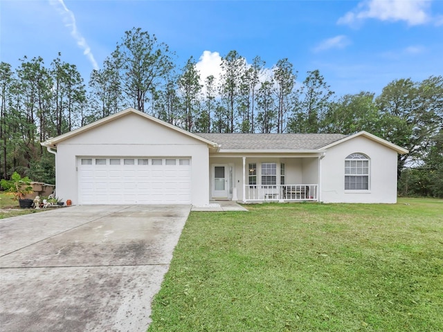 single story home featuring a porch, a garage, and a front lawn