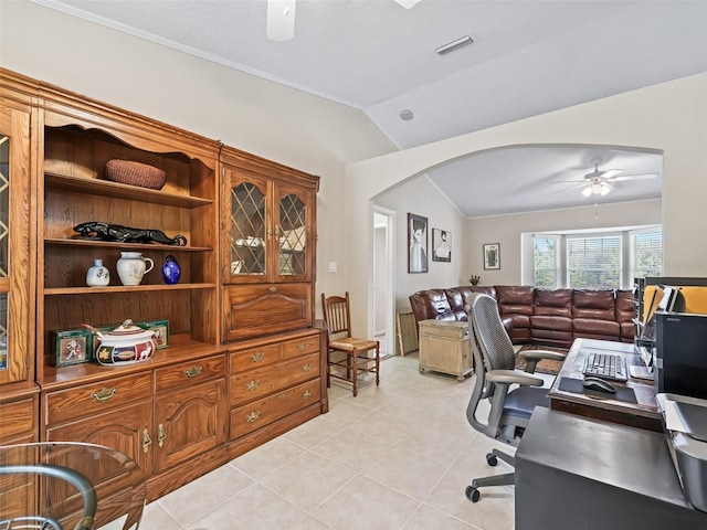 tiled home office with lofted ceiling and ceiling fan