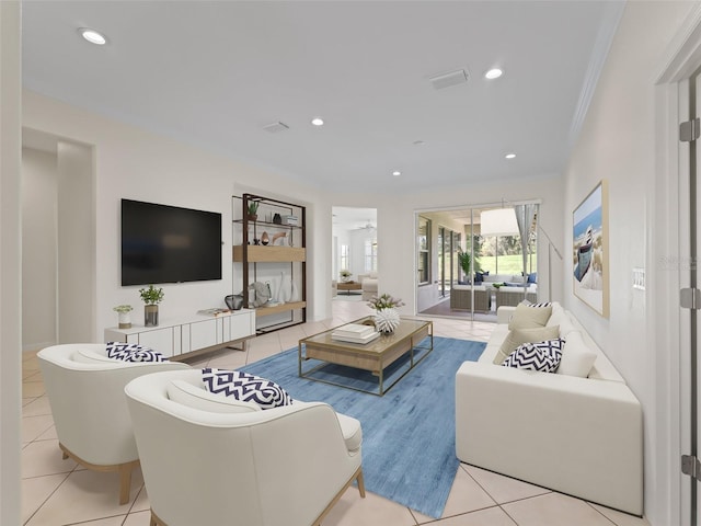 living room featuring light tile patterned flooring and crown molding