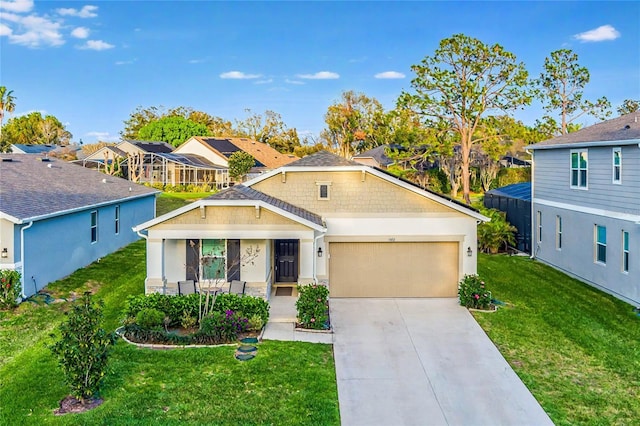 view of front facade with an attached garage, driveway, a residential view, stucco siding, and a front yard