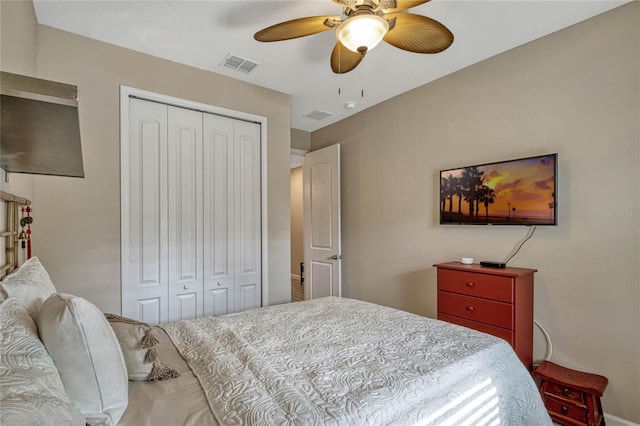 bedroom featuring a closet, visible vents, and ceiling fan