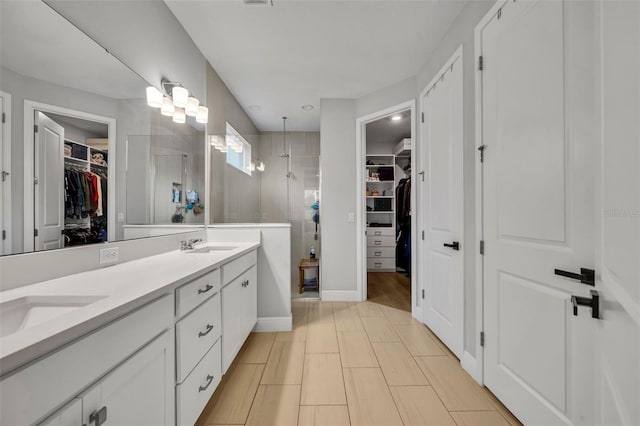 bathroom with vanity and a shower with shower door