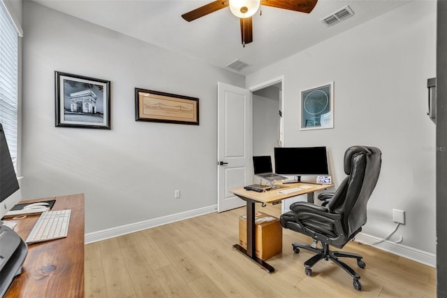 office area featuring ceiling fan and light hardwood / wood-style floors