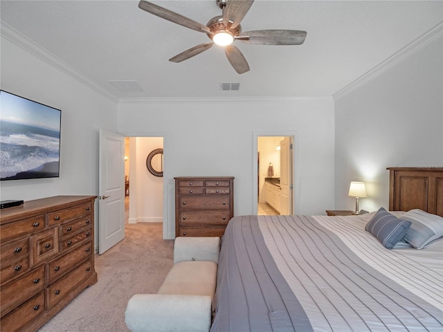 bedroom with ornamental molding, light carpet, ceiling fan, and ensuite bath