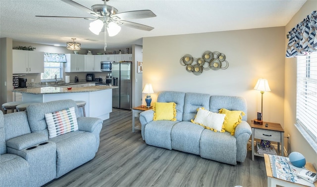 502 San Marino Dr, Lady Lake, FL 32159 - living room featuring ceiling fan, light hardwood / wood-style flooring, sink, and a textured ceiling