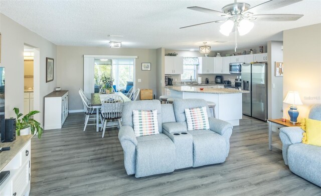 502 San Marino Dr, Lady Lake, FL 32159 - living room with sink, a textured ceiling, ceiling fan, and light hardwood / wood-style flooring