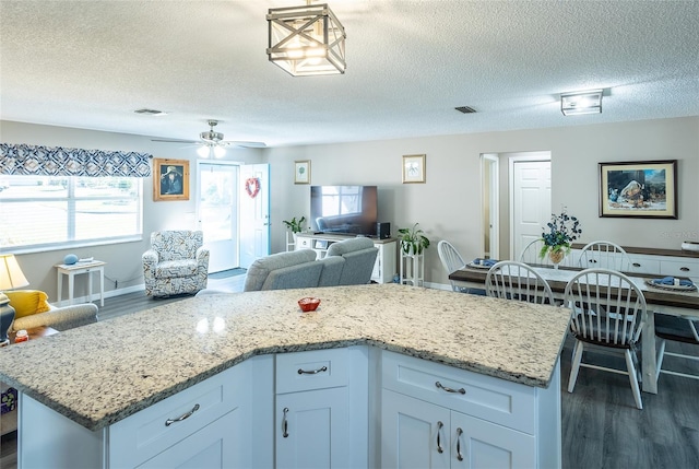 502 San Marino Dr, Lady Lake, FL 32159 - kitchen featuring dark wood-type flooring, light stone counters, a textured ceiling, white cabinets, and a kitchen island