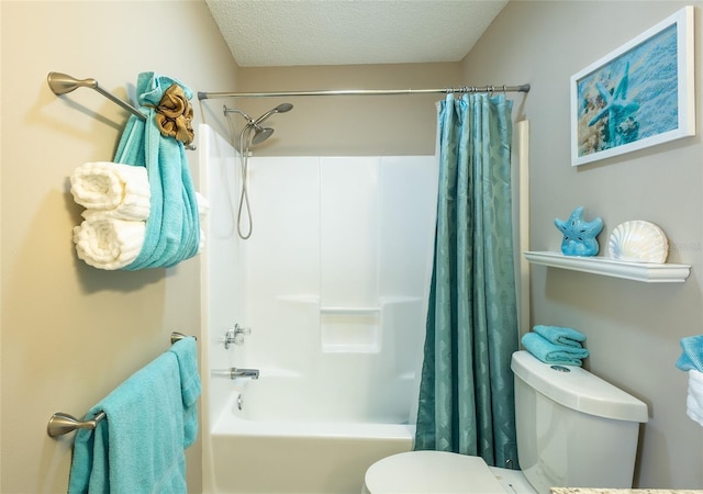 502 San Marino Dr, Lady Lake, FL 32159 - bathroom with a textured ceiling, toilet, and shower / bathtub combination with curtain