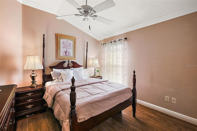 bedroom with vaulted ceiling, ceiling fan, crown molding, dark wood-type flooring, and a textured ceiling