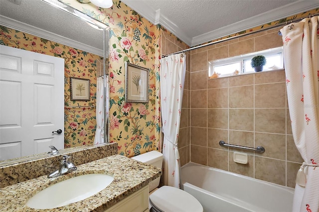 full bathroom with crown molding, vanity, a textured ceiling, and toilet