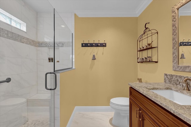 bathroom featuring crown molding, vanity, toilet, and walk in shower