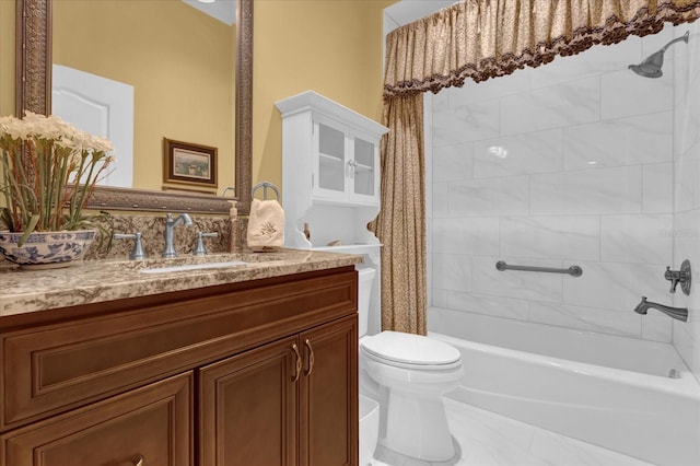 bathroom with shower / bath combination with curtain, vanity, and toilet