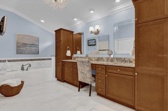 bathroom featuring lofted ceiling, vanity, a bath, and crown molding