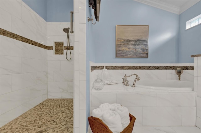 full bath featuring ornamental molding, a tile shower, and a bath