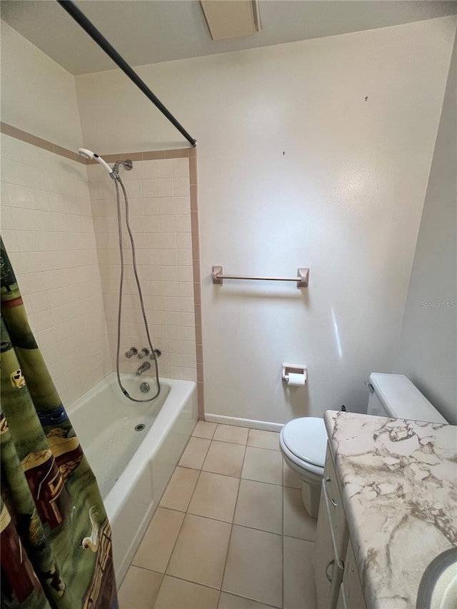 bathroom with tile patterned flooring, vanity, toilet, baseboards, and shower / bath combination with curtain