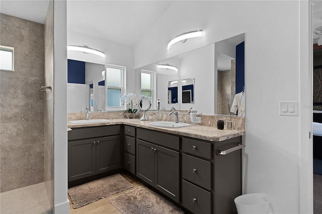 bathroom with vanity, wood-type flooring, and tiled shower