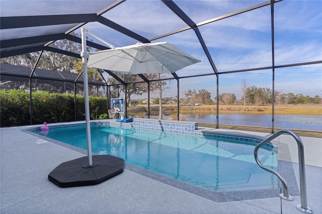 view of pool featuring a water view, a patio, and glass enclosure