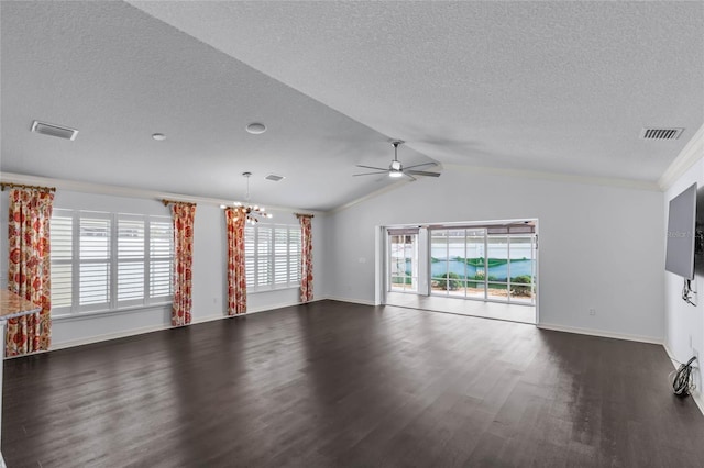 unfurnished living room featuring dark hardwood / wood-style flooring, a textured ceiling, ceiling fan with notable chandelier, ornamental molding, and lofted ceiling