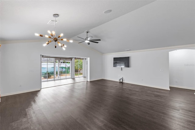 unfurnished living room with crown molding, ceiling fan with notable chandelier, vaulted ceiling, and dark hardwood / wood-style flooring