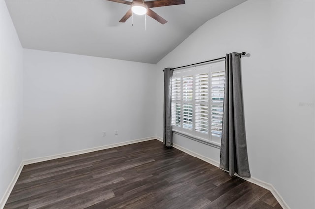 583 Arruda Ter, The Villages, FL 32162 - unfurnished room featuring ceiling fan, vaulted ceiling, dark wood-style flooring, and baseboards