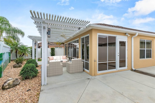 583 Arruda Ter, The Villages, FL 32162 - fenced backyard with a pergola, a patio, an outdoor hangout area, and a sunroom
