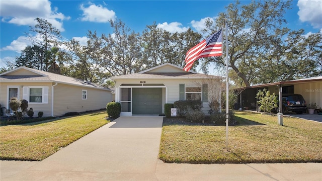 view of front facade with a carport, a garage, and a front lawn