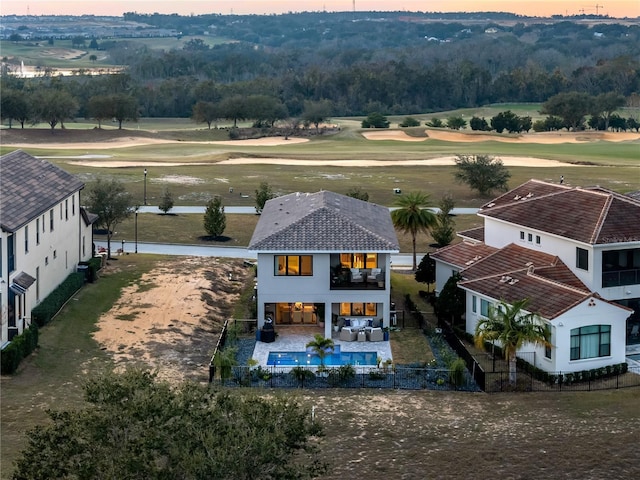 view of aerial view at dusk