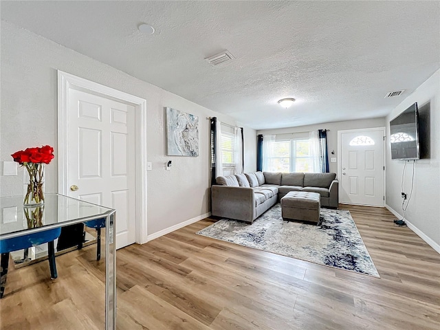 living room with hardwood / wood-style floors and a textured ceiling