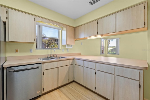 kitchen featuring light hardwood / wood-style floors, plenty of natural light, dishwasher, and sink