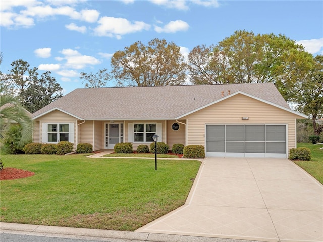 single story home featuring driveway, an attached garage, a shingled roof, and a front yard