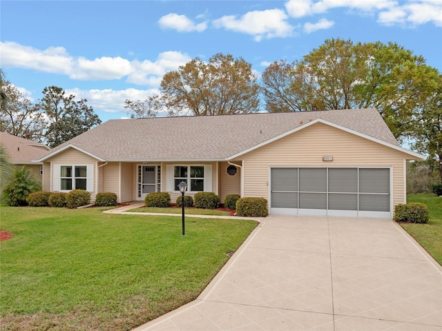 ranch-style home featuring an attached garage, driveway, a front lawn, and a shingled roof