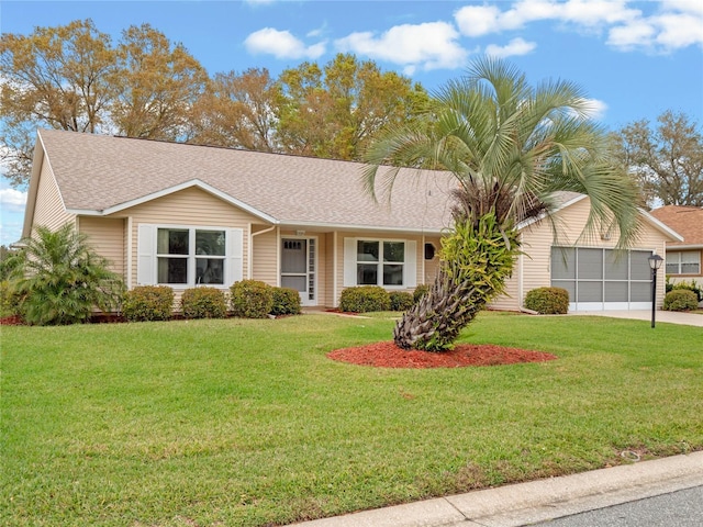 single story home featuring a garage, concrete driveway, roof with shingles, and a front lawn