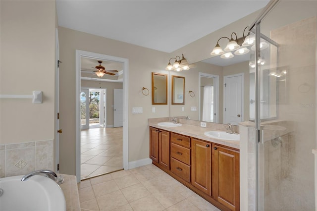 bathroom featuring vanity, shower with separate bathtub, tile patterned floors, and ceiling fan