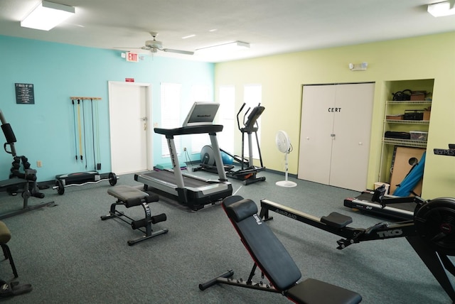 workout area with ceiling fan