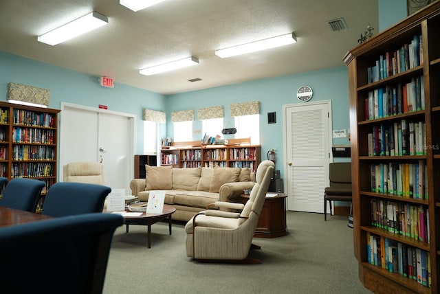 living room with a textured ceiling and carpet flooring