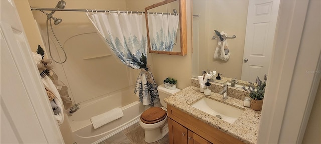 full bath featuring shower / bathtub combination with curtain, toilet, and vanity