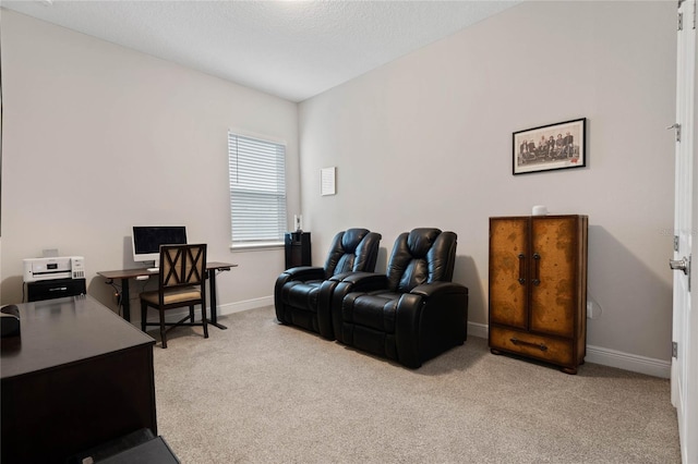 office featuring light carpet and a textured ceiling