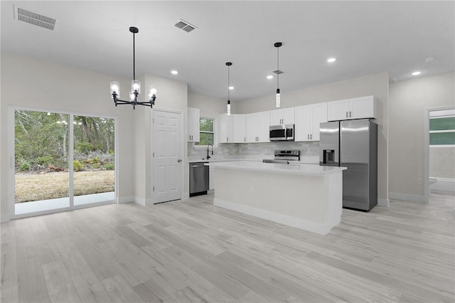 kitchen featuring a center island, a wealth of natural light, pendant lighting, stainless steel appliances, and white cabinets