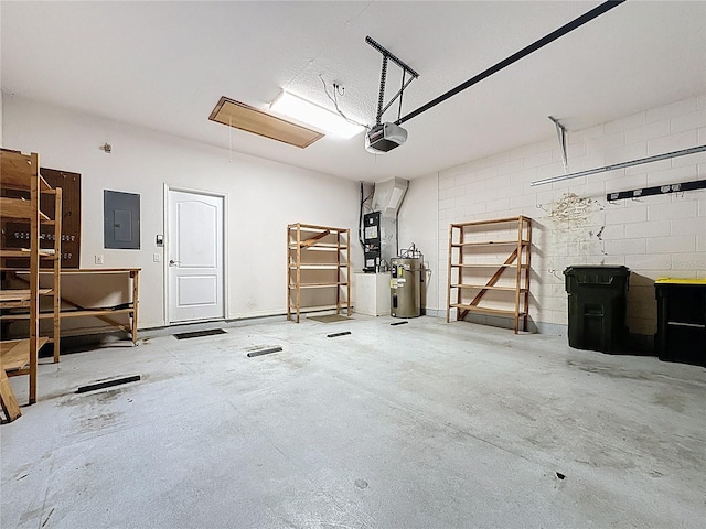 garage with electric water heater, concrete block wall, electric panel, and a garage door opener