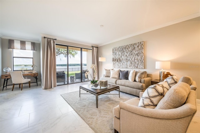 16300 County Road 455 Unit 414, Bella Collina, FL 34756 - living room with ornamental molding, light marble finish flooring, and a water view